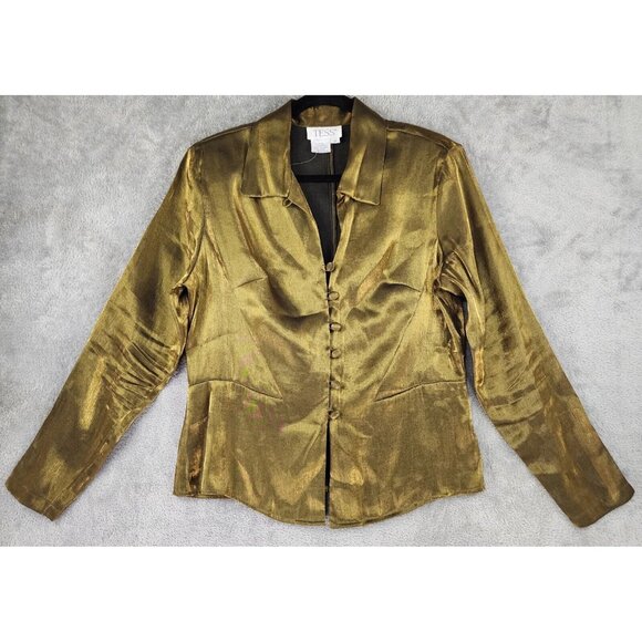 Tess Tops - Tess Shirt Womens 10 Gold Metallic Retro Button Up Long Sleeve Blouse Vintage
